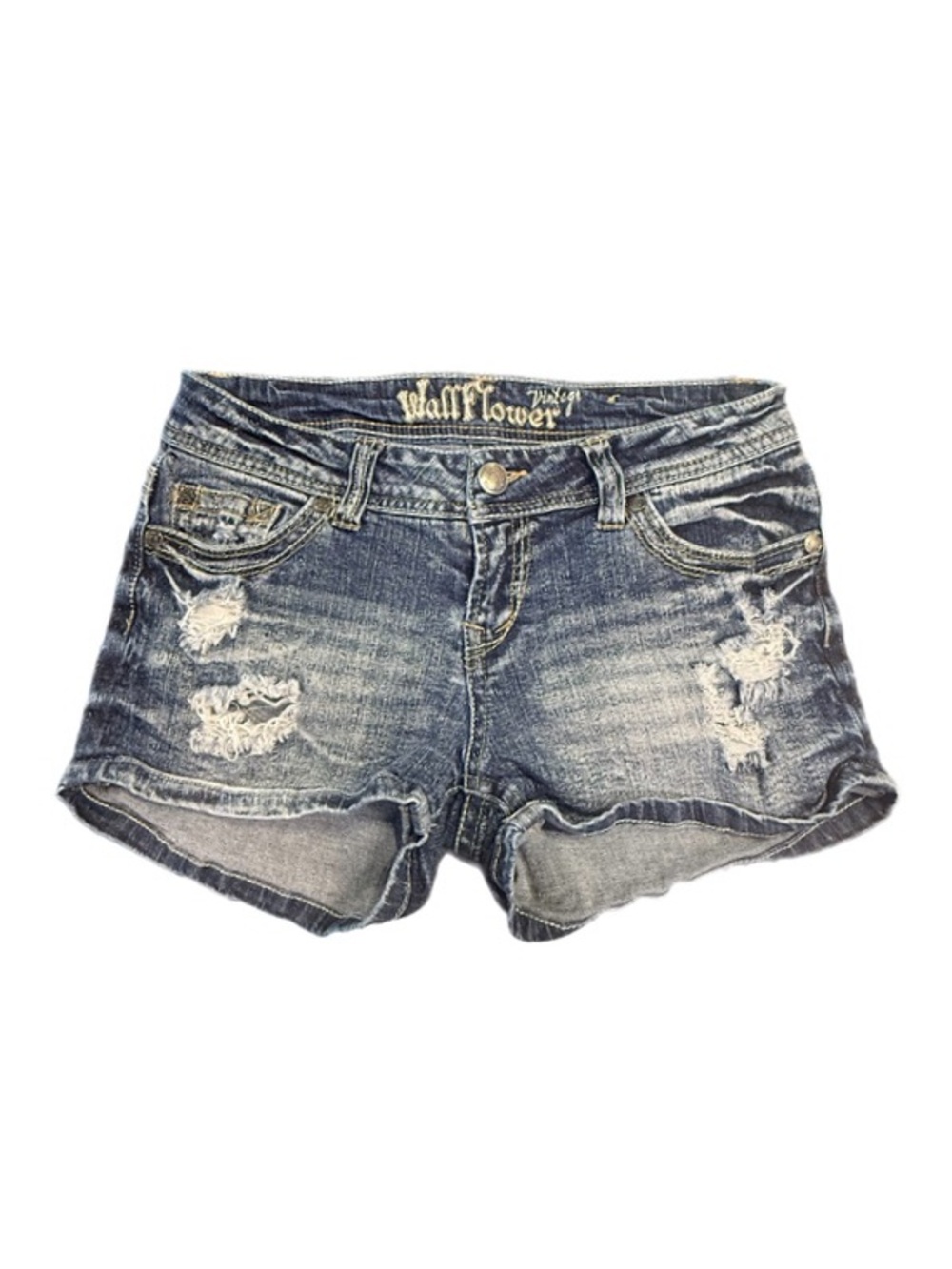 WallFlower Y2K McBling Distressed Contrast Stitch Denim Shorts